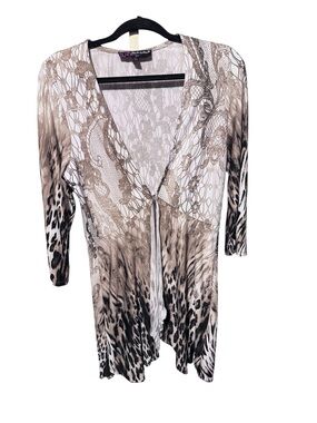 Peck & Peck Neutral Animal Print Sheer Drape Cardigan stretch over piece Small